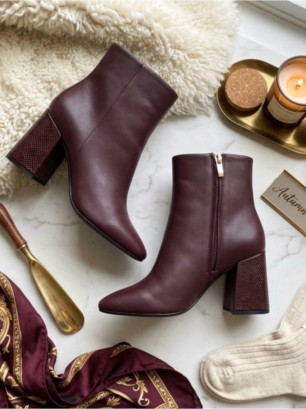 DKNY Burgundy Pointed Toe Block Heel Ankle Booties